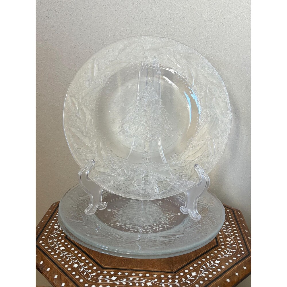 Vintage Arcoroc Clear Glass Holly Christmas Tree Dinner Plates - Set Of 4